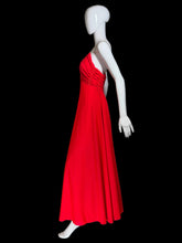 Load image into Gallery viewer, Side viewof an evening gown on a mannequin against a plain background.