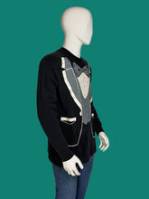 Load image into Gallery viewer, Black long sleeve tee with tuxedo design on a mannequin against a plain background