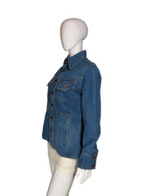 Load image into Gallery viewer, Blue denim jacket on a white mannequin against a plain background