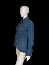 Load image into Gallery viewer, Blue denim jacket on a white mannequin against a plain background