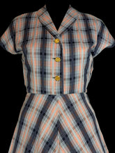 Load image into Gallery viewer, Plaid dress with gold buttons on a white background