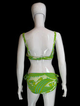 Load image into Gallery viewer, Green and blue patterned bikini on a white mannequin against a plain background