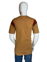 Load image into Gallery viewer, Mannequin wearing a brown t-shirt with red and black accents on a white background