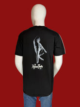 Load image into Gallery viewer, Black t-shirt with a graphic design on the back worn by a mannequin against a plain background