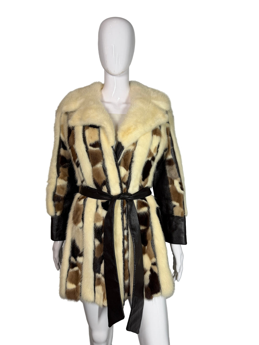 1970's Custom Patchwork Mink and Leather Trench Coat size M