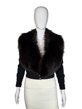 Load image into Gallery viewer, Black cardigan with fur collar on a mannequin against a neutral background