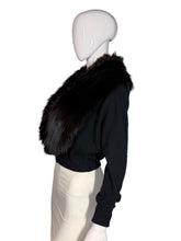 Load image into Gallery viewer, Black cardigan with fur collar on a mannequin against a neutral background