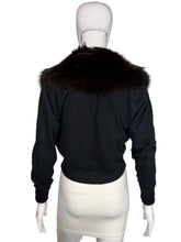 Load image into Gallery viewer, Black cardigan with fur collar on a mannequin against a neutral background