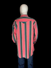 Load image into Gallery viewer, Mannequin wearing a striped shirt with pink, green, and black vertical stripes on a plain background.