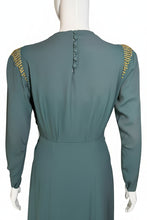 Load image into Gallery viewer, Teal dress with gold embellishments on sleeves and neckline on a mannequin against a white background.