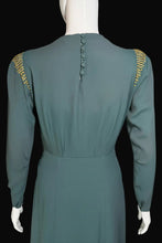 Load image into Gallery viewer, Teal dress with gold embellishments on sleeves and neckline on a mannequin against a white background.