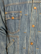 Load image into Gallery viewer, Close-up of blue denim jacket with button details.