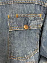 Load image into Gallery viewer, Close-up of a blue denim pocket with a button on a jacket.