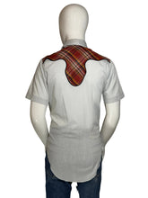 Load image into Gallery viewer, Gray shirt with plaid shoulder accents on a mannequin against a plain background