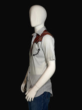 Load image into Gallery viewer, Gray shirt with plaid shoulder accents on a mannequin against a plain background