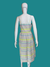 Load image into Gallery viewer, Mannequin wearing a pastel striped dress against a plain wall.