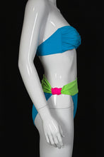 Load image into Gallery viewer, Neon blue and green bikini set on a mannequin
