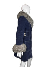 Load image into Gallery viewer, Blue jacket with gray fur trim on a mannequin against a white wall.