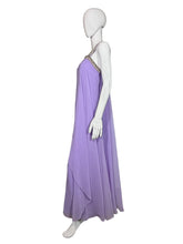 Load image into Gallery viewer, Mannequin wearing a long purple dress against a plain wall.