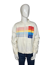 Load image into Gallery viewer, White jacket with colorful stripe design on a mannequin
