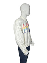 Load image into Gallery viewer, White jacket with colorful stripe design on a mannequin