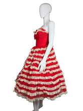 Load image into Gallery viewer, Red and white ruffled dress on a mannequin against a plain background