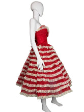 Load image into Gallery viewer, Mannequin wearing a red and white striped dress with a lace trim.