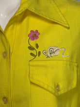 Load image into Gallery viewer, Yellow shirt with embroidered design of a flower and a mouse