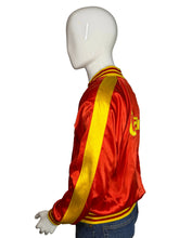 Load image into Gallery viewer, Red satin jacket with yellow accents featuring 'Guam' text on a mannequin