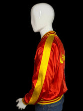 Load image into Gallery viewer, Red satin jacket with yellow accents featuring 'Guam' text on a mannequin