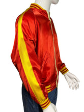 Load image into Gallery viewer, Red satin jacket with yellow accents on a mannequin