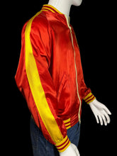 Load image into Gallery viewer, Red satin jacket with yellow accents on a mannequin