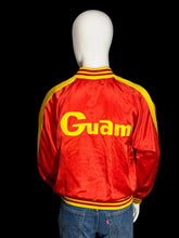 Load image into Gallery viewer, Red jacket with yellow trim and 'Guam' text on a mannequin against a plain background