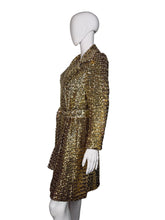 Load image into Gallery viewer, Gold sequin trench coat on a mannequin against a plain background
