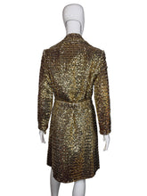 Load image into Gallery viewer, Gold sequin trench coat on a mannequin against a plain background