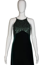 Load image into Gallery viewer, Dark green evening gown on a mannequin against a plain background