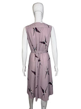 Load image into Gallery viewer, Lavender dress with a bird print on a mannequin against a plain background