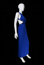 Load image into Gallery viewer, A white mannequin wearing a sleeveless royal blue dress, photographed indoors against a black background.