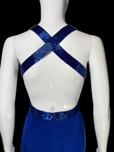 Load image into Gallery viewer, A blue sequined dress shown from the back on a white mannequin, featuring wide crisscross shoulder straps and a matching sequined waistband.