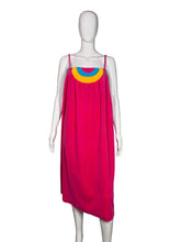 Load image into Gallery viewer, Pink velour dress with colorful semi-circular design on a mannequin against a plain background