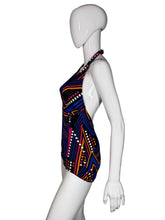 Load image into Gallery viewer, Mannequin wearing a colorful patterned swimsuit on a plain background