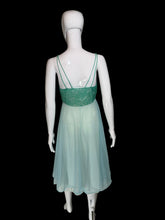 Load image into Gallery viewer, A back view of a two-tone green sheer mesh nightgown with a lace bodice and thin spaghetti straps, displayed on a white mannequin.