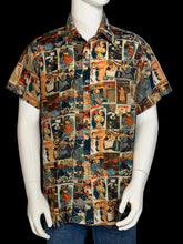 Load image into Gallery viewer, A short-sleeve button-up shirt displayed on a white mannequin. The shirt features a dense collage print of magazine cover illustrations in a multicolor palette of blue, red, beige, and brown.