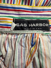 Load image into Gallery viewer, Close-up of a striped textile product with a black sewn-in label reading 'SAG HARBOR MADE IN U.S.