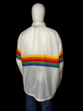 Load image into Gallery viewer, A back view of a white windbreaker jacket with a bold rainbow stripe across the chest and upper back, shown on a white mannequin.