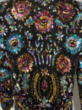 Load image into Gallery viewer, Close-up of a black sequined garment featuring dense, colorful ornamental sequin patterns in gold, turquoise, pink, purple, and blue.