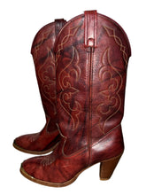 Load image into Gallery viewer, Brown leather boot with intricate designs on a white and gray background
