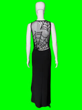 Load image into Gallery viewer, A black sleeveless maxi dress with a sheer back covered in a spiderweb print shown on a white mannequin from the back.