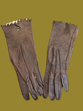 Load image into Gallery viewer, A pair of vintage long brown leather gloves with scalloped cuffs matching the previous set.