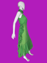 Load image into Gallery viewer, A bright green halter-neck midi dress with ruffle details, displayed on a white mannequin.